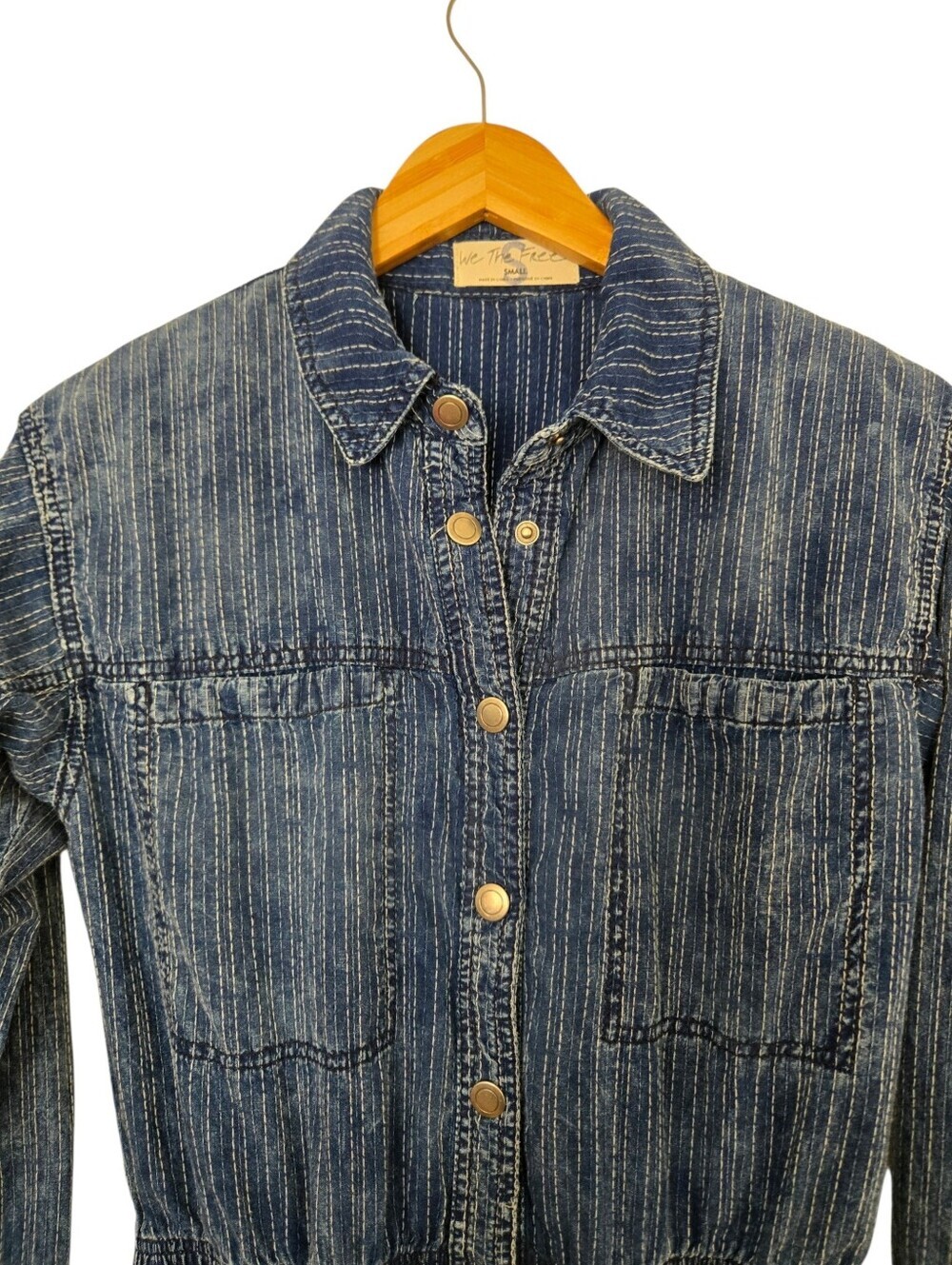 🌟 Free People We The Free Denim Utility Jumpsuit | Pinstripe Button Front Boile - Picture 6 of 9